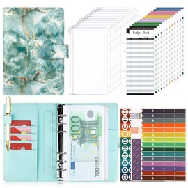 Taope Budget Planner, A6 Budget Binder, Money Organiser, with Soft Pockets, Notebook, Cash Envelopes, Household Expense Book with Money Compartments, Set, Aquamarine Marble