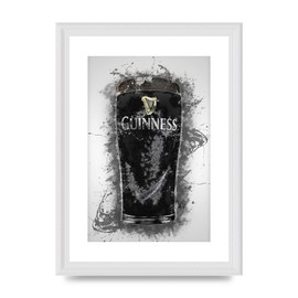 Lithobee - Guinness Pint Splatter - Printed Wall Art Design in Sizes A2, A3 & A4 Framed in a Stylish Quality Coloured Frame or Unframed (A4 White Ornate Frame)