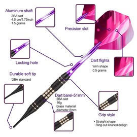 Sanfeng darts with plastic tip for electronic dartboard, 18 g, professional soft darts, 3 darts 6 flights, 50 anti-loose rubber rings, 30 tips, pink