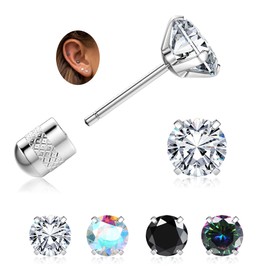 PATISORNA 4 Pairs Threadless Flat Back Stud Earrings Surgical Stainless Steel Stud Earrings Hypoallergenic Cartilage Earrings for Women Men Cubic Zirconia Stud Earrings Stud Earrings Set 8mm