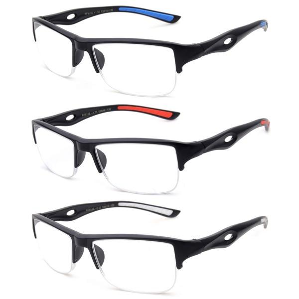 3 paquetes de gafas de lectura para hombre, gafas de lectura deportivas de medio marco para hombres, gafas de lectura de media llanta 2.50