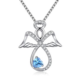 JiaYang Sterling Silber Infinity Engel Halskette Herz März Aquamarin Schutzengel Anhänger Schmuck Geschenke für Sie