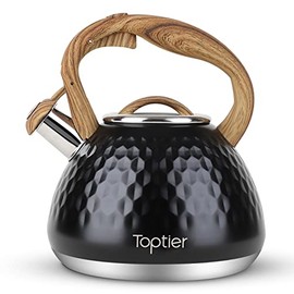 Tea Kettle, Toptier Teapot Whistling Kettle with Wood Pattern Handle Loud Whistle, Food Grade Stainless Steel Tea Pot for Stovetops Induction Diamond Design Water Kettle, 2.7-Quart Black