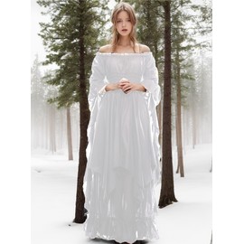 Bichingda Renaissance Costumes for Women High Low Victorian Dress Puff Sleeve Off Shoulder Ruffle Medieval Costume