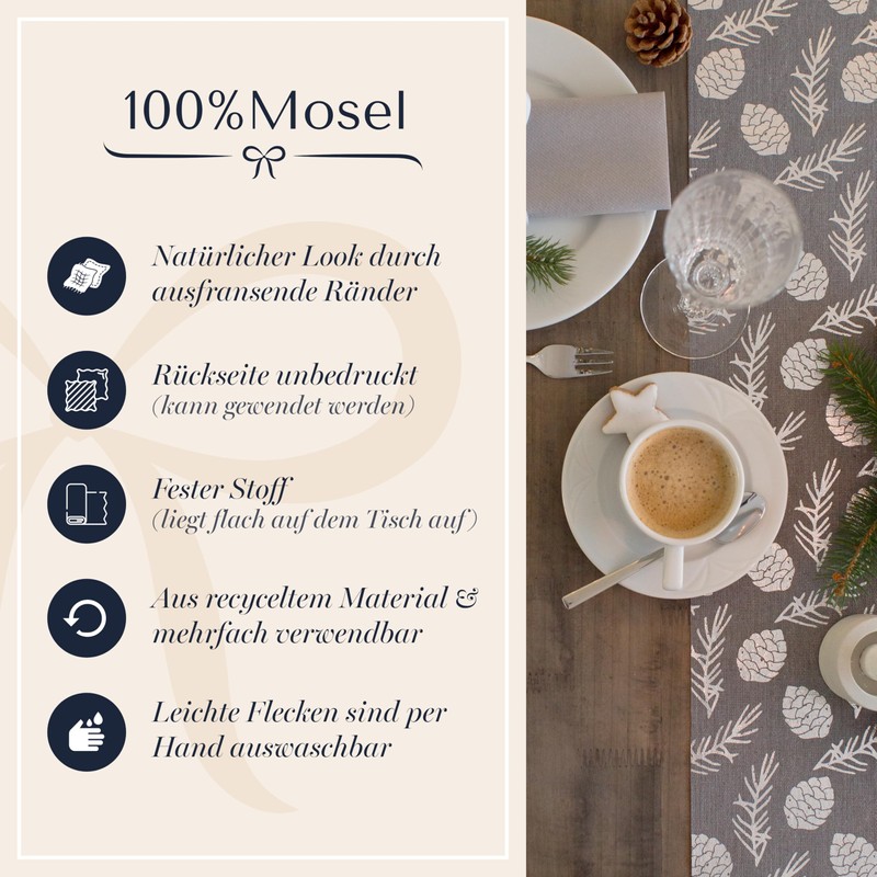 100%Mosel Table Runner Linen Look Grey, Pine Cones in Silver,