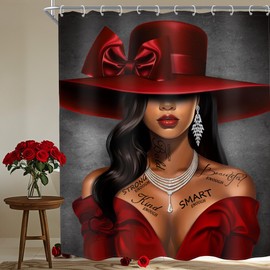 MESHELLY Red Black Girl Shower Curtain 60Wx72H African American Inspirational Quotes Shower Curtain Fashion Stylish Afro Lady Hat Positive Words Modern Black Woman Bathroom Decor with Fabric 12 Hooks