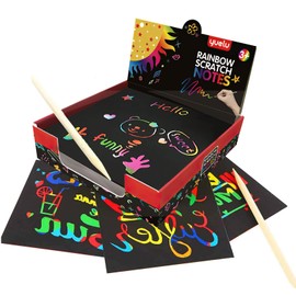 Papel para Rascar Arco Iris, Scratch Art Caja de Notas con Bolígrafo y Plantilla de Dibujo, Scratch Art para Rascar para Tarjetas, Regalos de Cumpleaños y Actividades para Fiestas y Manualidades(200)
