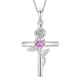 Vesitim Women's Cross Necklace 925 Sterling Silver Infinite Rose Flower Pendant Faith Religious Created Pink Tourmaline Jewelry Gift