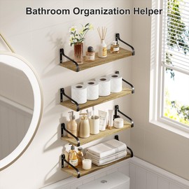 Love-KANKEI Floating Shelves for Wall Set of 4, 15.7 Inch Wood Wall Shelves with Bracket, Rustic Hanging Shelves for Bathroom, Bedroom, Kitchen, Living Room,Office Display Carbonized Black