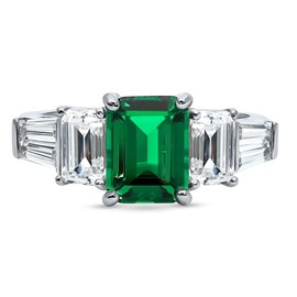 BERRICLE Rhodium Plated Silver Emerald Cut Cubic Zirconia CZ 3-Stone Engagement Ring Size 10