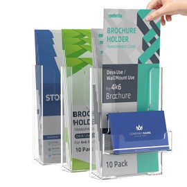 10 Pack 4 X 6 Inch Acrylic Brochure Holder Wall Mount, Pamphlet Holder Wall Mount, Clear Plastic Brochure Display Stand, Literature Flyer Holder Rack For Pamphlets, Mail , Magazines, Booklets Hold (With Business Card Holder)
