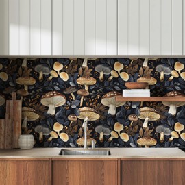 FANCYEASY Dark Mushroom Peel and Stick Wallpaper Blue Leaf Botanical Wallpaper for Kitchen Bathroom Self Adhesive Removable Contact Paper for Cabinets Nightstand Wall Mural Renter Friendly 17.7"x118"