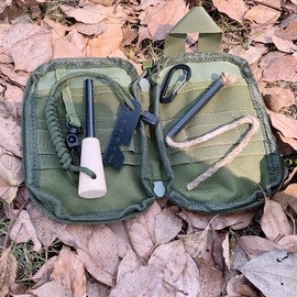 Fire Starter Survival Kit, Larger Ferro Rod with Striker Lanyard 3in Long Flint and Steel, 13.8in Wick Hemp Cord, Multifunctional Bag (Green)