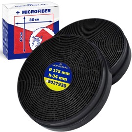Activated Carbon Filters for Cooker Hood Diameter 175 mm Height 34 mm 49037930 for Candy and Other Extractor Hood Models Kit Includes a Microfibre Cloth - Pack of 2 MONTERAL