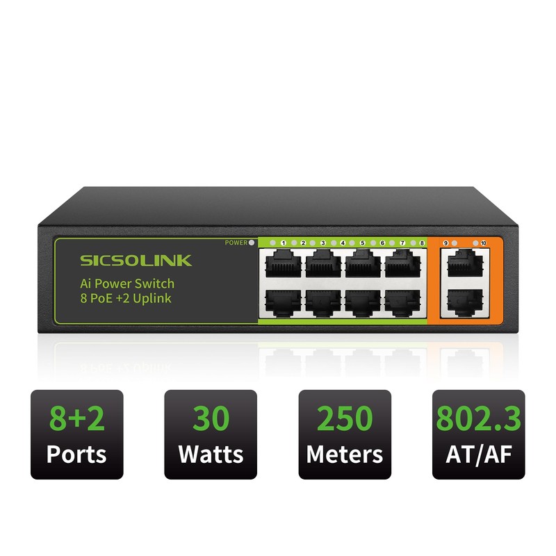 SICSOLINK 8 Ports PoE+ Ethernet Switch 2 Uplink 802.3af/at 120W