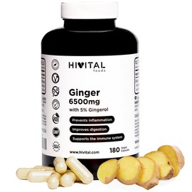 Ingwer 6500 mg. 180 vegane Kapseln für 6 Monate. Natürlicher Ingwerextrakt mit 5% Gingerolen, die 32,5 mg pro Kapsel liefern. Beugt Entzündungen vor und verbessert die Verdauung und das Immunsystem.