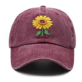 Women's Sunflower Hat, Adjustable Embroidery Washed Embroidery Vintage Baseball Cap Red