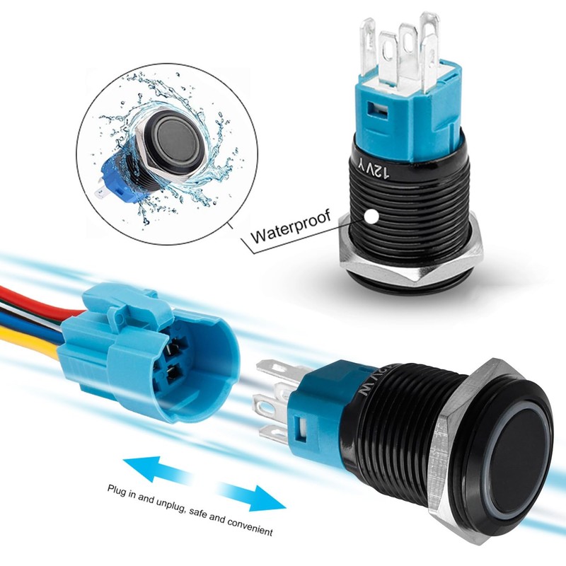 Bestgle 16mm Latching LED Push Button Switch with Pre-Wiring, IP65