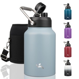 Konokyo Half Gallon Jug with Handle,64 oz Insulated Water Bottle with Carrying Pouch,Double Wall Vacuum Stainless Steel Metal Bottle,Storm Blue