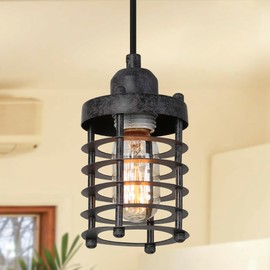 LOG BARN Farmhouse Cage Pendant Light Fixtures, Mini Rustic Industrial Hanging Pendant Lighting with Rusty Finish for Kitchen Island, Foyer, Hallway, Bedroom and Entryway