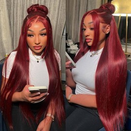 99J Burgundy Lace Frontal Wig Human Hair Straight Pre Plucked with Baby Hair for Black Women, 99J Burgundy Straight 13x4 Lace Front Human Hair Wig Brazilian Remy Hair Wine Red Colored 150% Density ELENINE (99j 13x4 Lace Front Wig Straight, 22 inches)