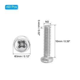 PATIKIL Phillips Pan Head Screws, 60 Pack M2-0.4 x 10mm 304 Stainless Steel 18-8 Full Thread, Pan Head Machine Phillips Drive Screw