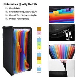 ENGPOW Fireproof Expanding File Folder with 13 Multicolored Pockets A4 Size Document Organizer with Color Labels Zipper Closure Non-Itchy Silicone Coated Portable Filing Pouch(14.3" x 9.8")