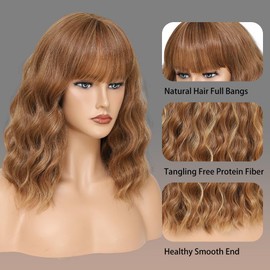 Honey Brown Mixed Blonde Wig with Bangs Short Curly Bob Wigs for Women 14 Inch Shoulder Length Natural Looking Hair Replacement Wigs for Cosplay Party Use