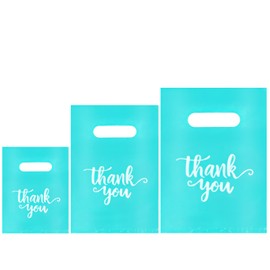 200PCS Thank You Bags with Handle, Turquoise Merchandise Bags for Small Business Clothes Boutique Gift, 3 Sizes Plastic Retail Grocery Shopping Bags, Reusable Goodie Bag Bulk for Store Party Purchase