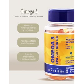 OMEGA 3 ALTA CONCENTRACION - Maklen Omega 3 EPA 720 + DHA 480 - Aceite de pescado de Golden Omega® - Libre de Metales Pesados - Softgels de 1,300 mg