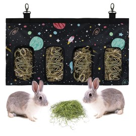Rabbit Hay Bag Guinea Pig Feeding Station Feeder Small Animals Hay Bag Feeding Bag for Rabbit Chinchilla Hamster Small Animals (4 Windows, Pattern Black)