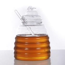 ORNAMI Handmade Glass Honey Pot with Dipper and Lid, 450 ml