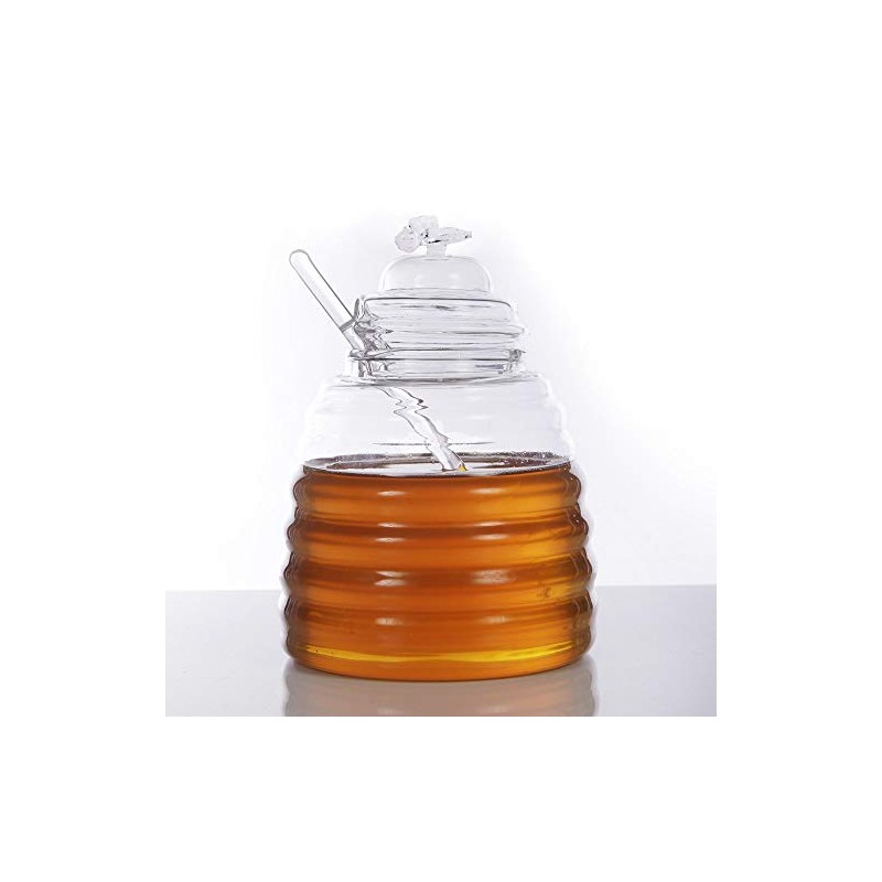 ORNAMI Handmade Glass Honey Pot with Dipper and Lid, 450