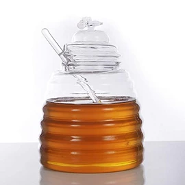 ORNAMI Handmade Glass Honey Pot with Dipper and Lid, 450 ml