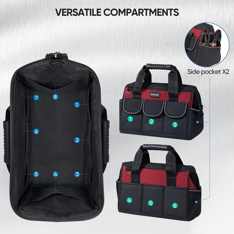 TICONN Tool Bag with Multi-Pockets Wide Mouth Tool Tote with