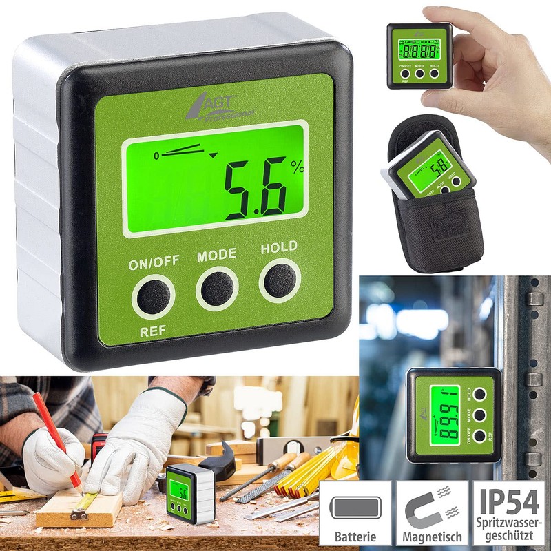 AGT Professional Inclinometer: Digital Protractor, Illuminated LCD Display, Aluminium, IP54,