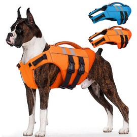 Kuoser XXL Dog Life Jacket, High Flotation Large Dogs Life Vest for Swimming Boating, Reflective Puppy Water Vest Pet Life Preserver with Rescue Handle, Orange XXL
