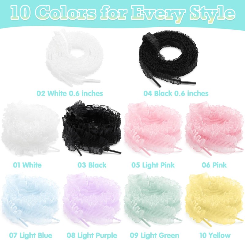 WEGOODZF Flat Tulle Shoe Laces: 2 Pairs 1.2CM Wide White