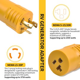 NEMA L5-30P to 5-15R/5-20R, RV Shore Power Plug, Generator Adapter 30amp to 110 Adapter 15 Amp Shore Power Adapter Prong Locking Male to Female Connector, Marine 30A to 110V/120V, ETL Listed