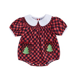 My First Christmas Baby Girl Outfit Short Sleeve Bubble Romper Buffalo Plaid Princess Dress Newborn Winter Clothes (Red, 0-3 Months)