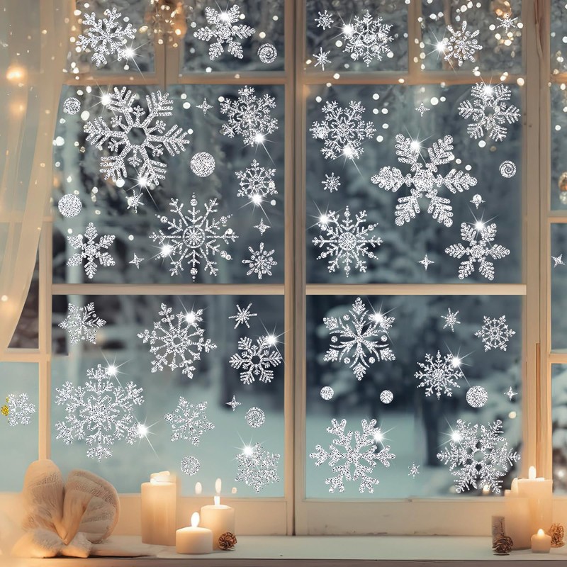 Topeedy 9 Sheets Silver Snowflake Window Stickers,Reusuable Large Silver Window