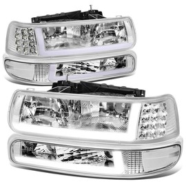 Auto Dynasty 4PCS LED DRL Headlights Assembly and Bumper Lamps Compatible with Chevy Silverado Suburban 1500 2500 3500 Tahoe 99-06, Driver and Passenger Side, Chrome Housing Clear Corner