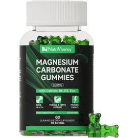 Magnesium Carbonate Gummies 500mg, Magnesium Carbonate Supplement with Calcium, Vitamin B6, D3, Zinc for Bone Health, Muscle & Nerve Support, Sugar Free, Vegan, Green Apple Flavor, 30 Servings