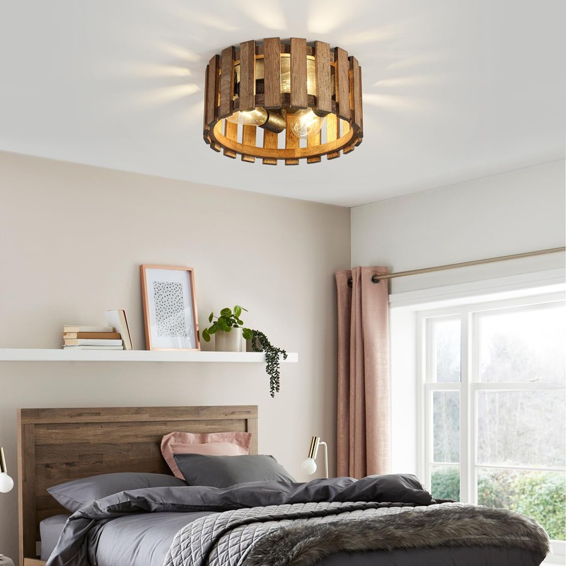 3-Light Rustic Flush Mount Light Fixture, 12.2 Inch Farmhouse Wood