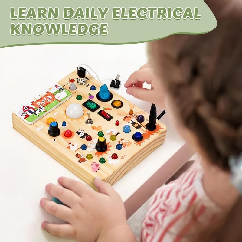 Joyreal Montessori Sensory Toys, Square-Shaped Wooden Busy Board with LED