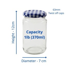 1lb Jam Jars x 36 Pack, FSA Approved with Blue Gingham Airtight Lids, Wares of Knutsford Ltd.