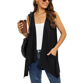 Wiwclo Trendy Sleeveless Cardigans for Women Lightweight Vest with Pockets Casual Soft Knit Open Front Cardigan High Low Hem, A01-black-sleeveless, XL