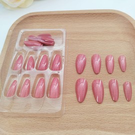 Cat Eye Press on Nails Medium Almond Red Fake Nails Acrylic Glue on Nails with Silver Glitter Designs Full Cover Faux Nails Press ons for Women Daily Wear 24 Pcs