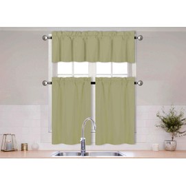 Home Collection 3 Pieces Solid Color Kitchen Curtain Set Tier and Valence with Rod Pocket Microfiber 100% Sunlight Blackout Drapes Window Treatment New (Sage Green)