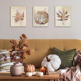 LiTiu Fall Artwork Wall Decor,Rustic Farmhouse Fall Maple Leaf Pumpkin Framed Canvas Prints Decor,15x23in Set Of 3,Retro Autumn Pumpkin Maple Leaf Gifts Thanksgiving Decorations for Home Bedroom